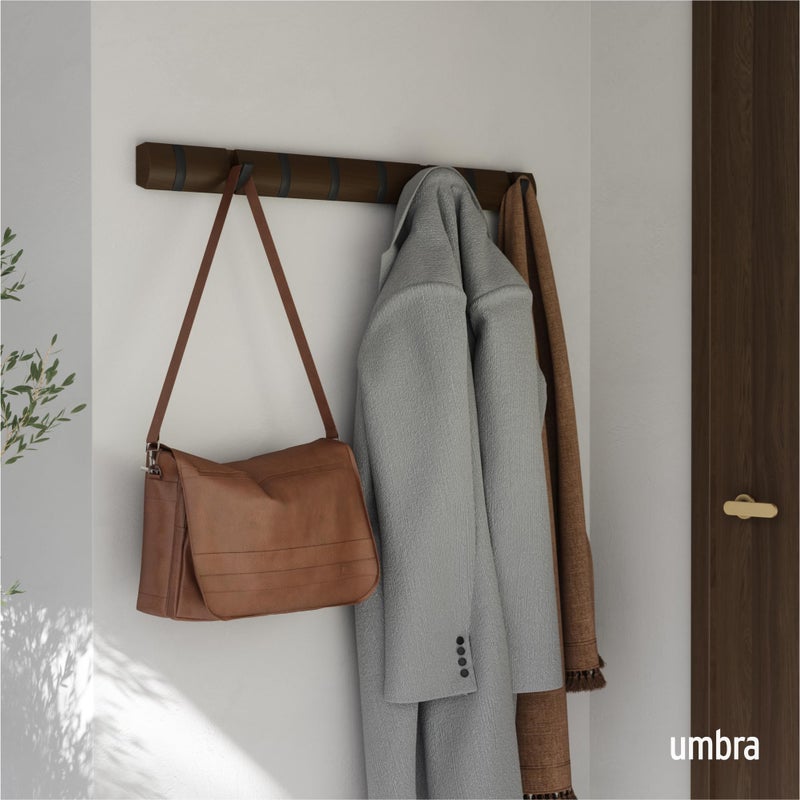Umbra Flip Wall-Mounted Coat Rack with 8 Hooks â€“ Modern, Space-Saving Storage for Hats, Jackets, Bags, Entryway, Mudroom, Closet, Bathroom, Bedroom â€“ Black/Walnut - Image 2